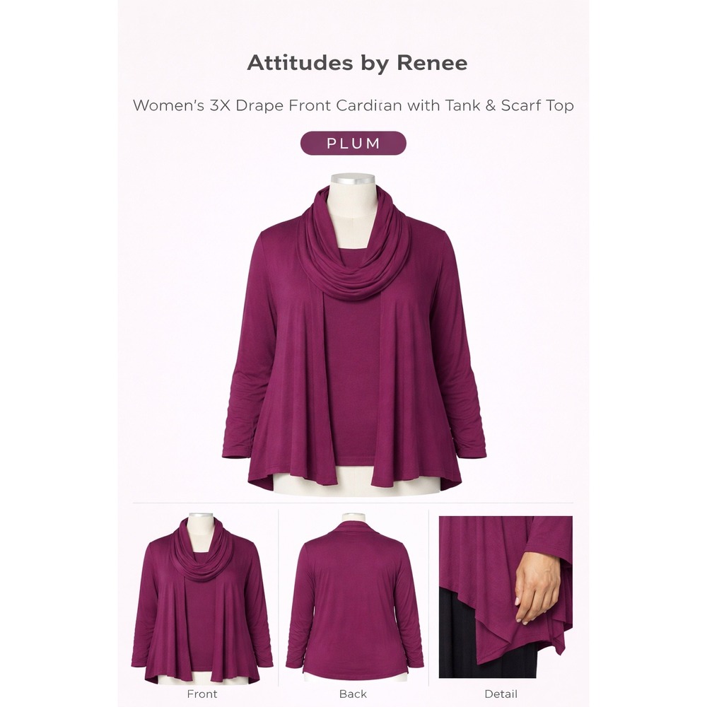 Attitudes by Renee Womens 3X Plum Drape Front Cardigan Tank Scarf Set A229646‎